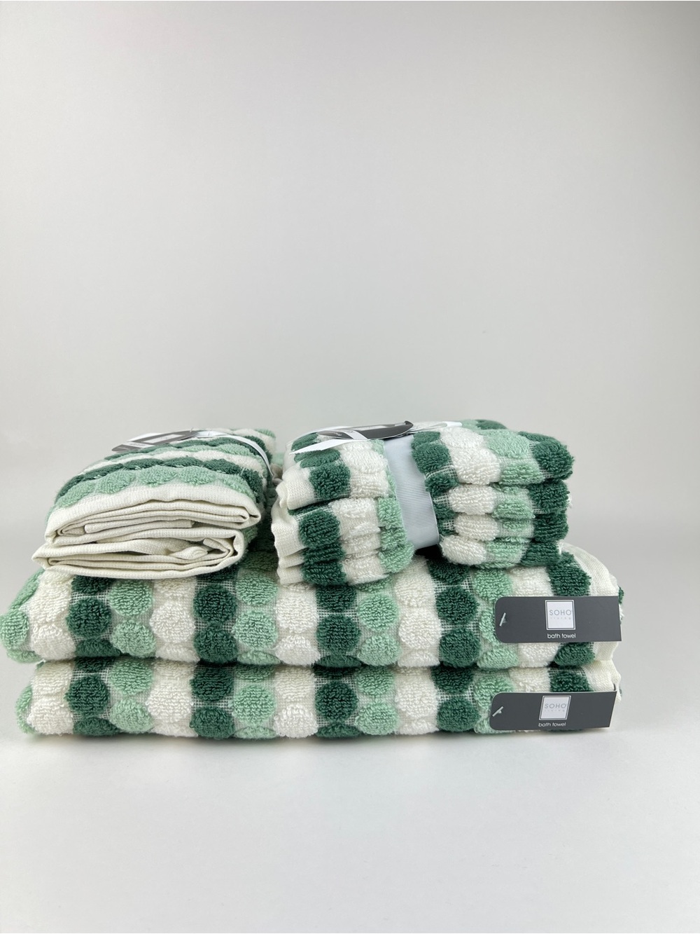 SOHO Living Bath Towel Set Green White Polka Dot & Stripe  Soft Cotton 8 Pc NEW